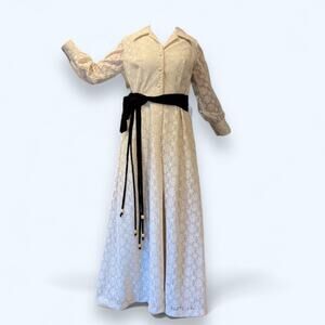 Vintage 60s Ivory Lace Maxi Dress Brown Velvet Boho Hippie Women’s Medium Gown